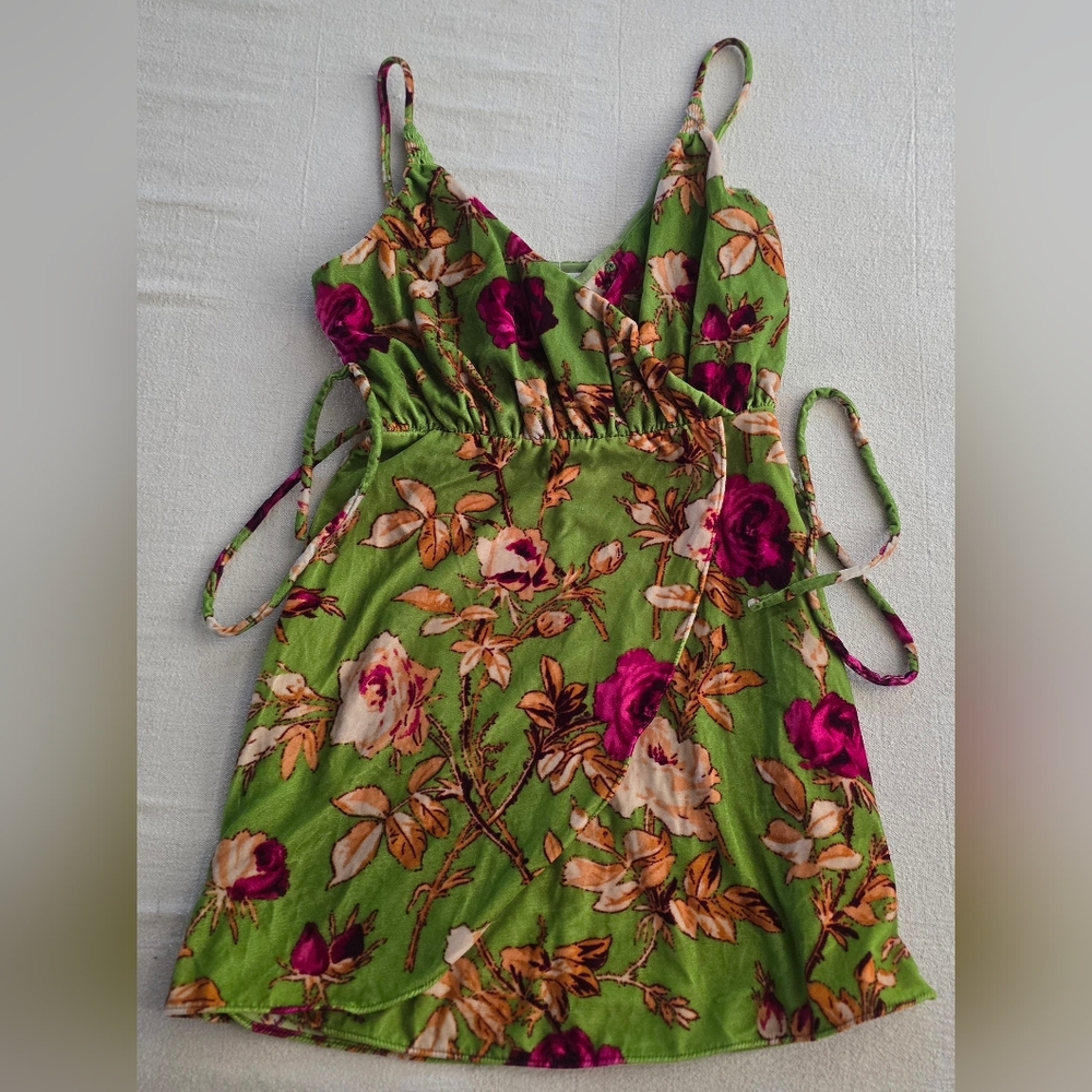 Urban Outfitters Strappy Velvet Green and Pink Mini Dress